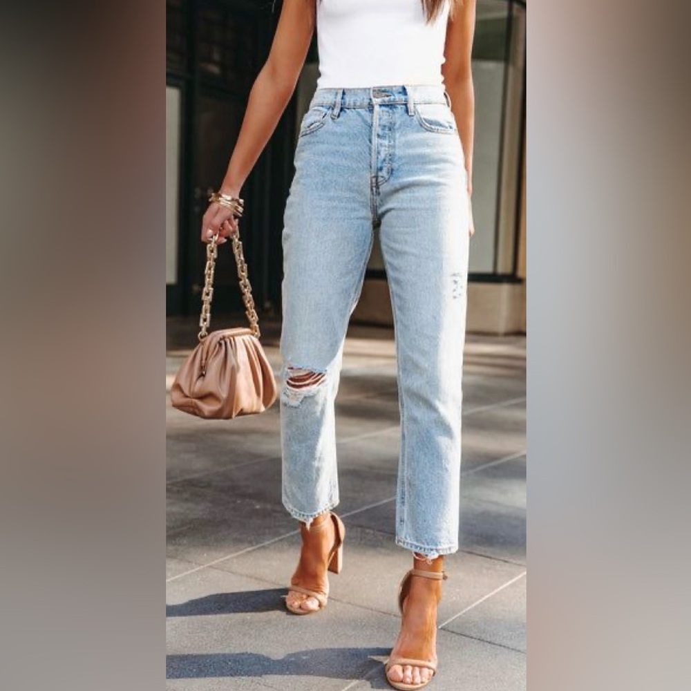 Reformation High Rise Straight Jeans Montego Wash Distressed Jeans